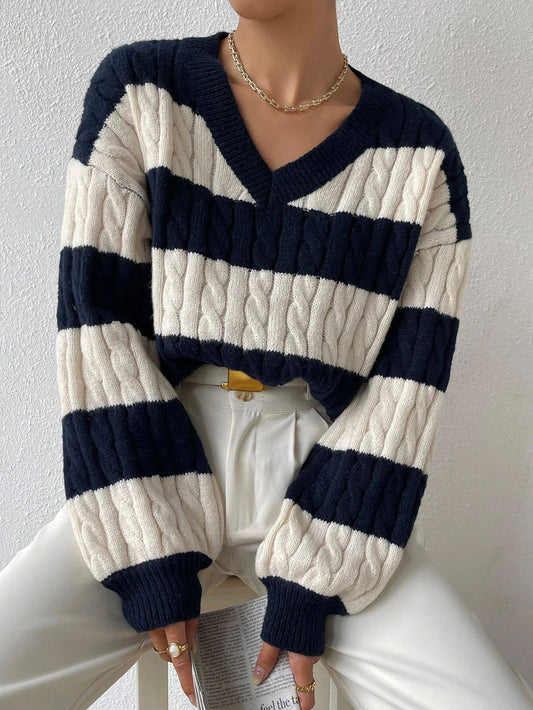 Loose V-neck twist contrast striped sweater
