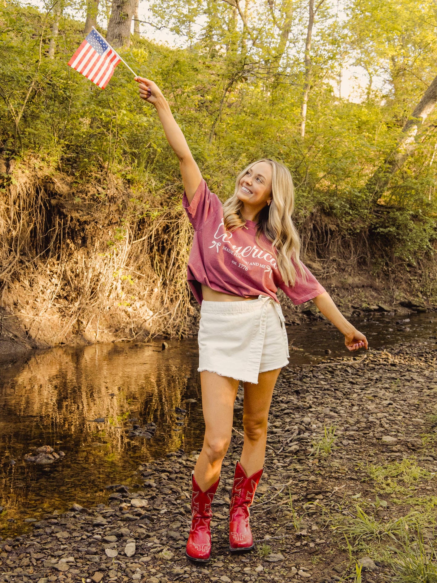 4th of July America 1776 Bows Crimson Comfort Colors Tee