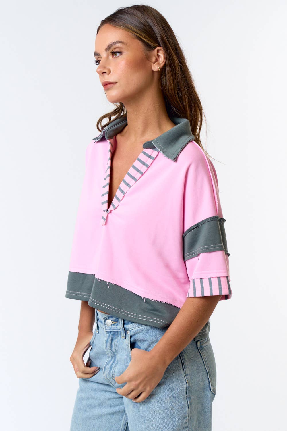 STRIPE MIX FRENCH TERRY CROP POLO SHIRT TOP