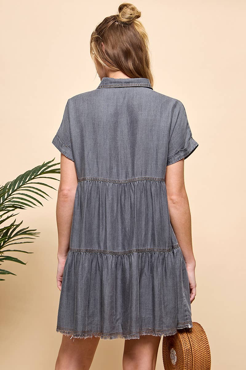 TIERED BUTTON DOWN DENIM DRESS