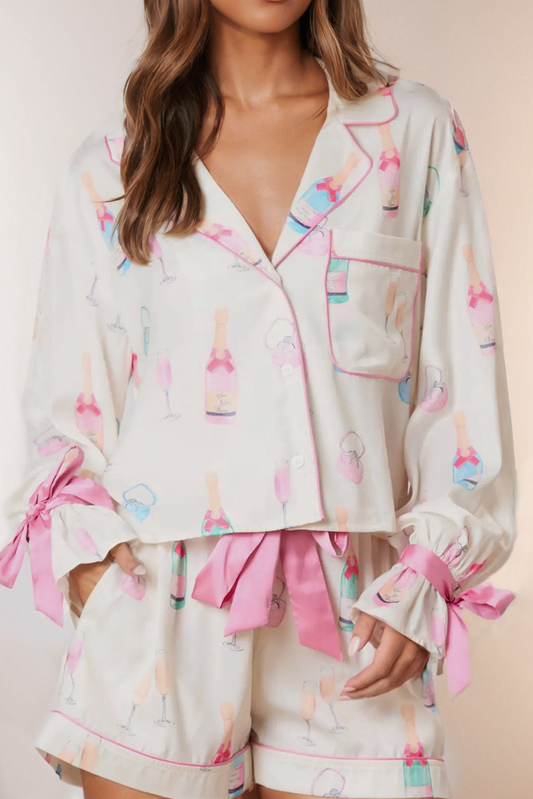 Wine Glass Print Bow Knot Two Piece Pajama Set