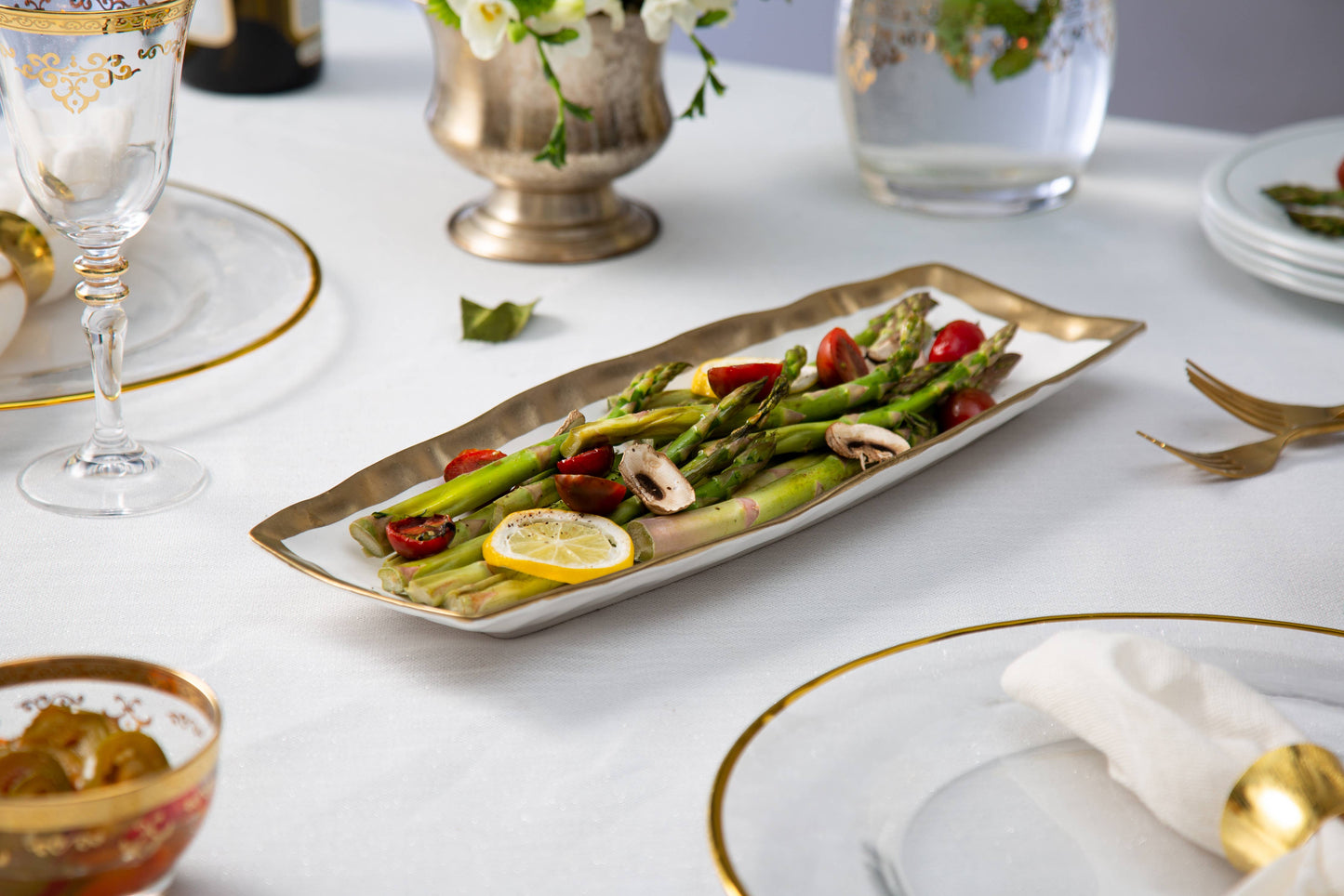 White Porcelain Oblong Tray with Gold Rim 15.5”L x 6”W