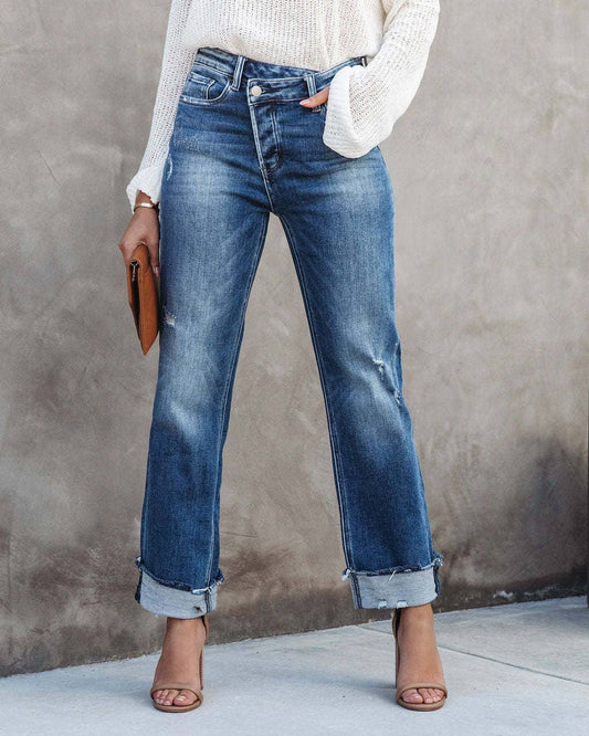 Casual washed women's straight denim trousers