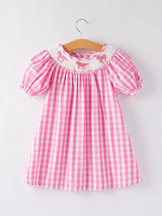 Girls Plaid Smocking Embroidered Pink Dress