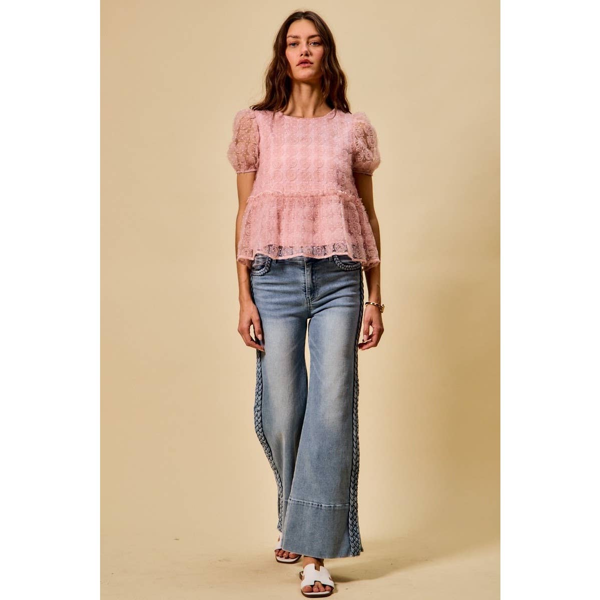 Wide Leg Flare Denim Jeans With Side Braids
