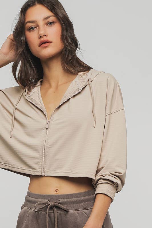 Cropped Zip Up Drawstring Hooded Workout Jacket