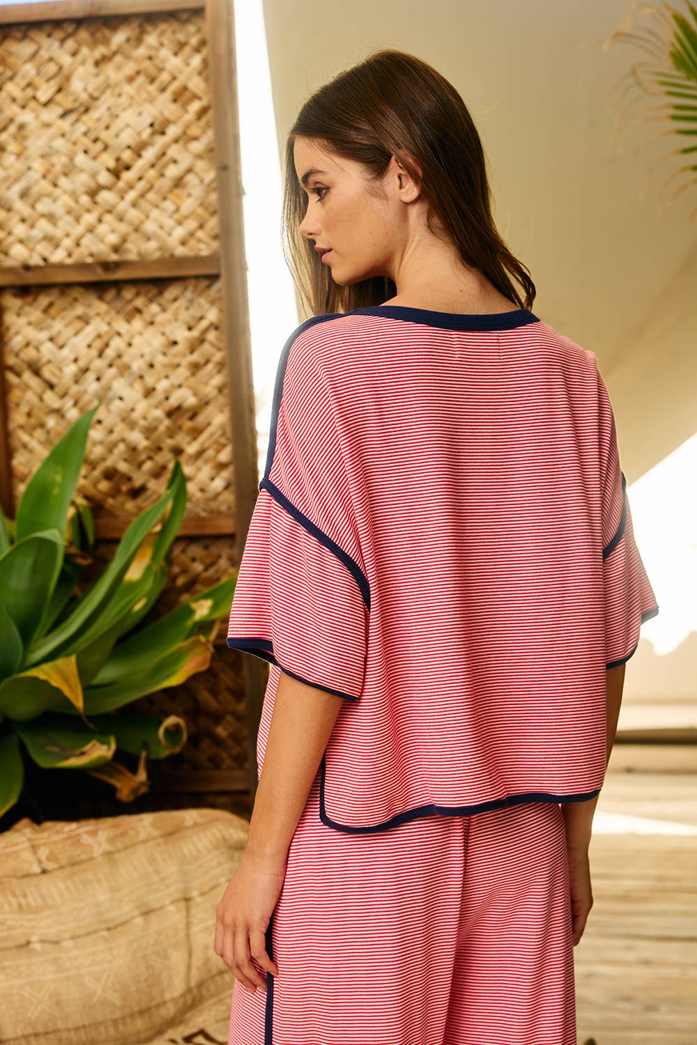 T3005 Contrast Binding Striped Short Sleeve Top