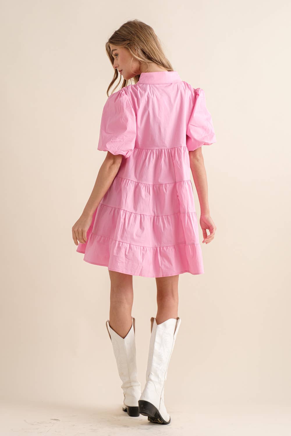 Button Up Tiered Puff SLV Shirt Dress