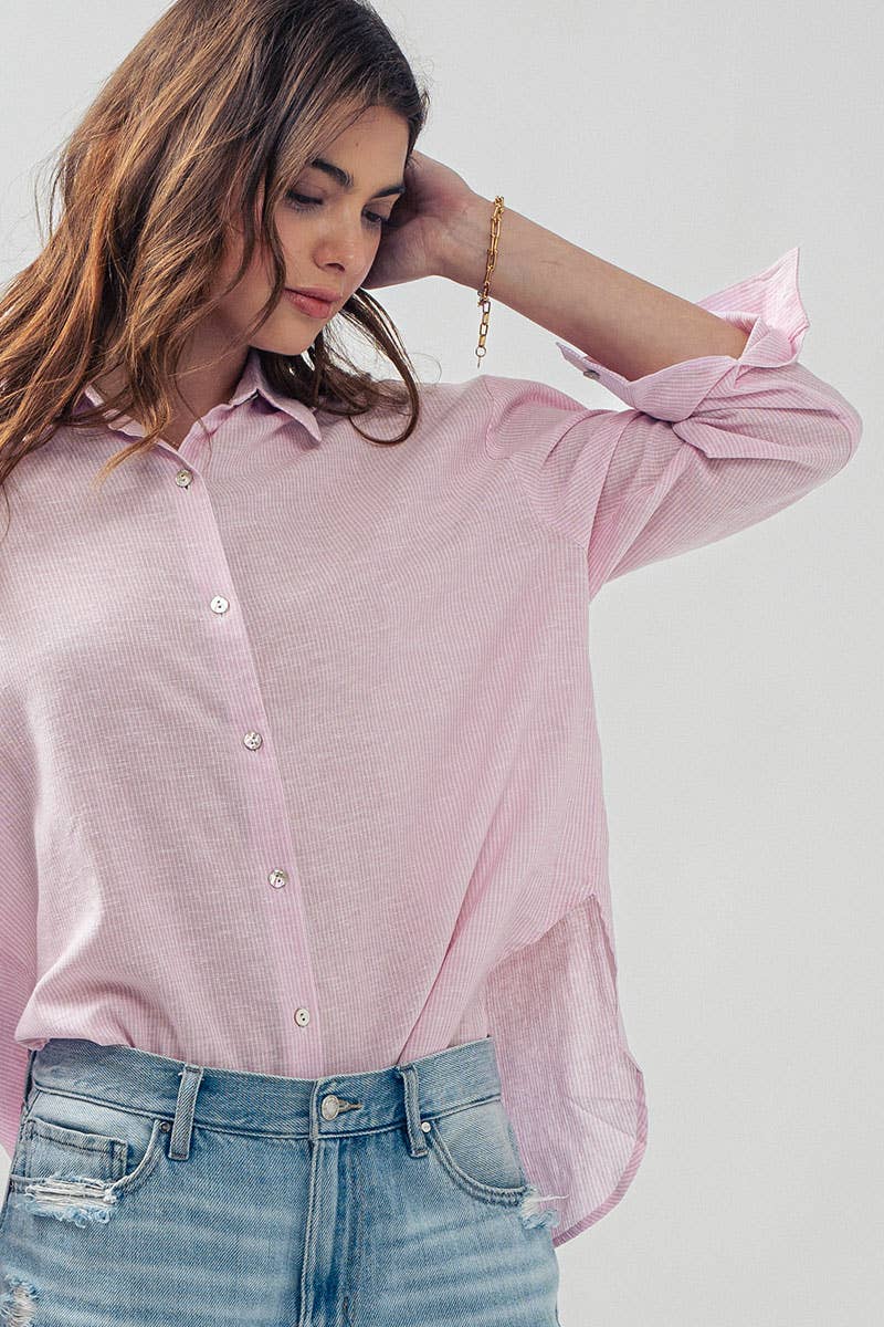 Lightweight Pinstripe Button Down in Cotton Linen Blend