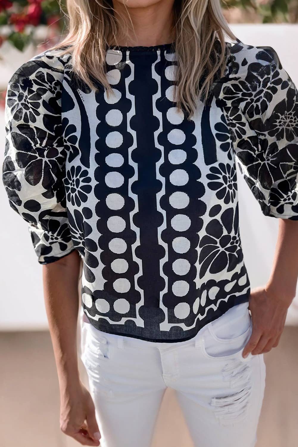 Women Printed Puff Sleeve Buttoned Back Blouse