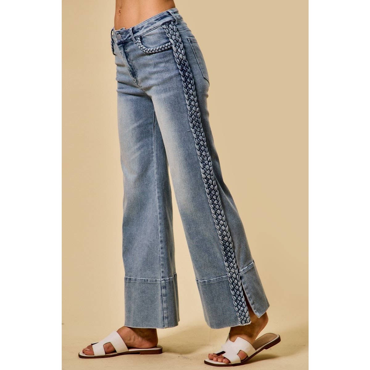 Wide Leg Flare Denim Jeans With Side Braids