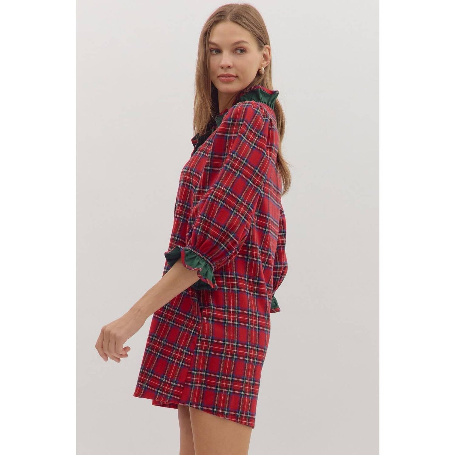 Plaid puff sleeve mini dress