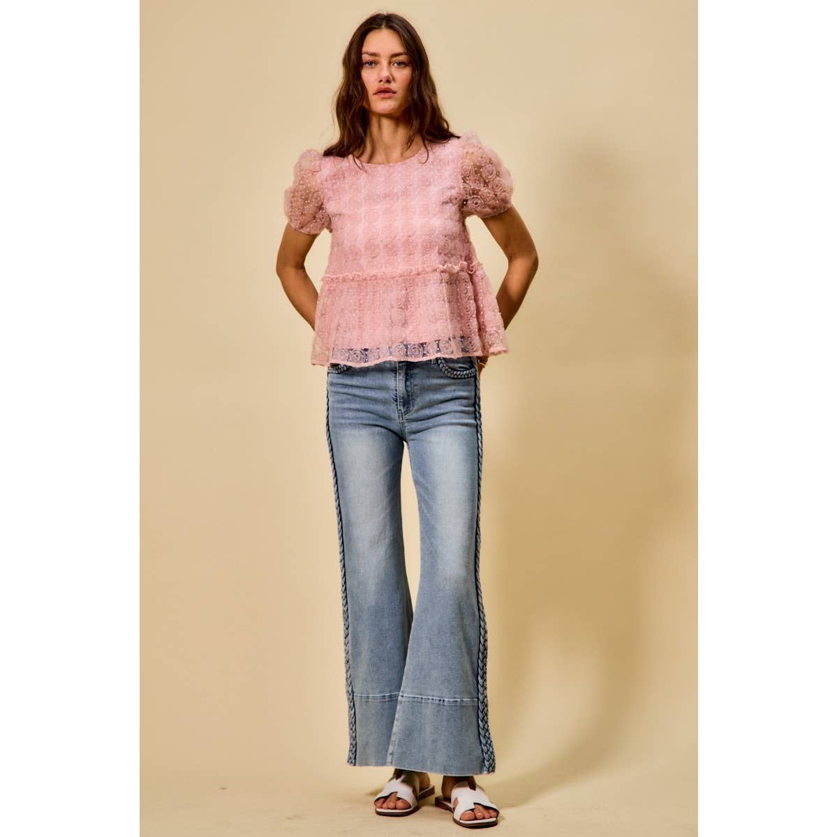 Wide Leg Flare Denim Jeans With Side Braids