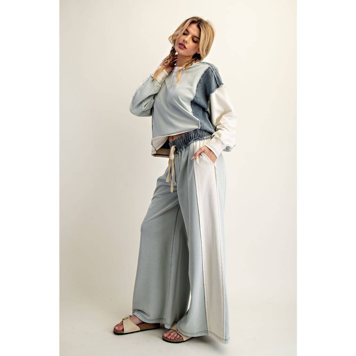Color Block Denim Drawstring Pants