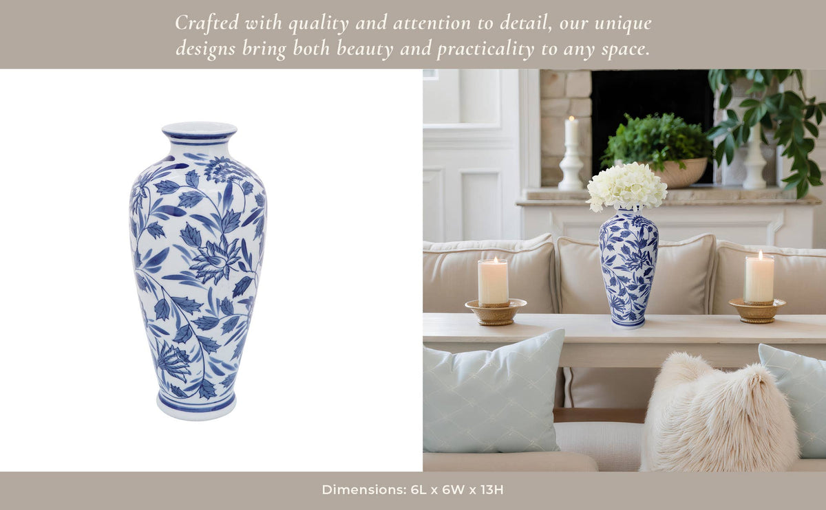 Decorative Vase - Blue/White Ceramic Chinoiserie, 13 in.