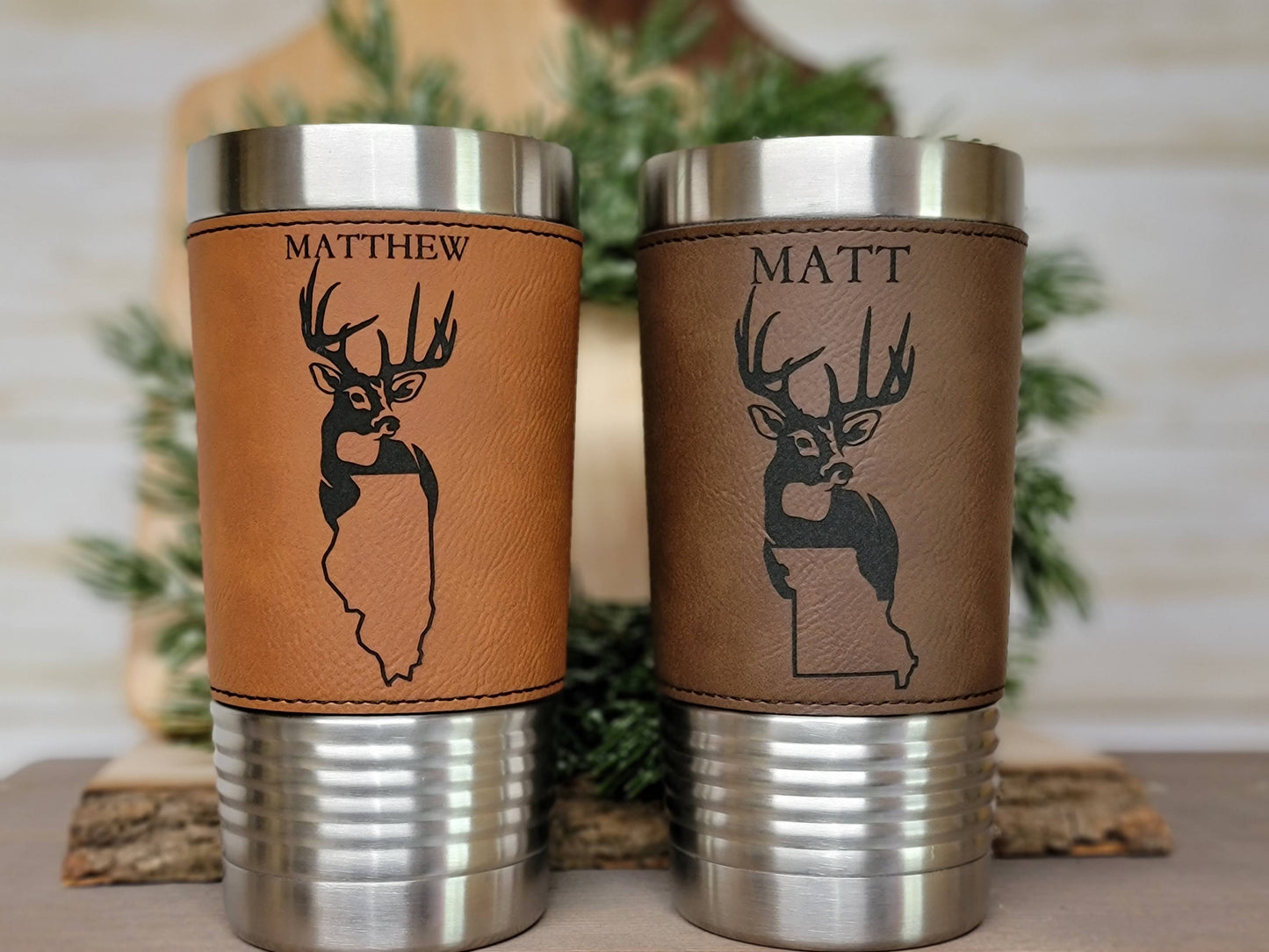 Whitetail State Engraved Leather Insulated Tumbler. MISSISSIPPI