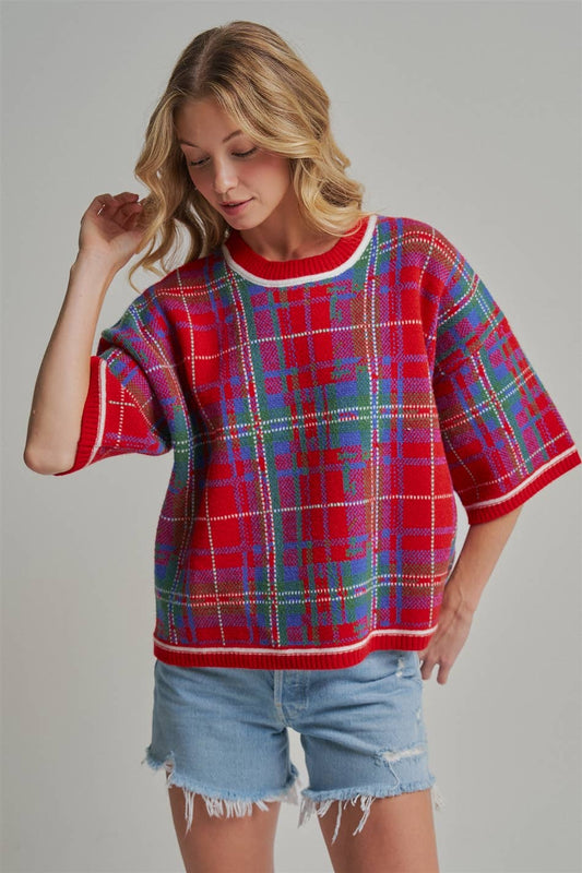 HOLIDAY CHRISTMAS PLAID DROP SHOULDER SWEATER_JLT00303-02