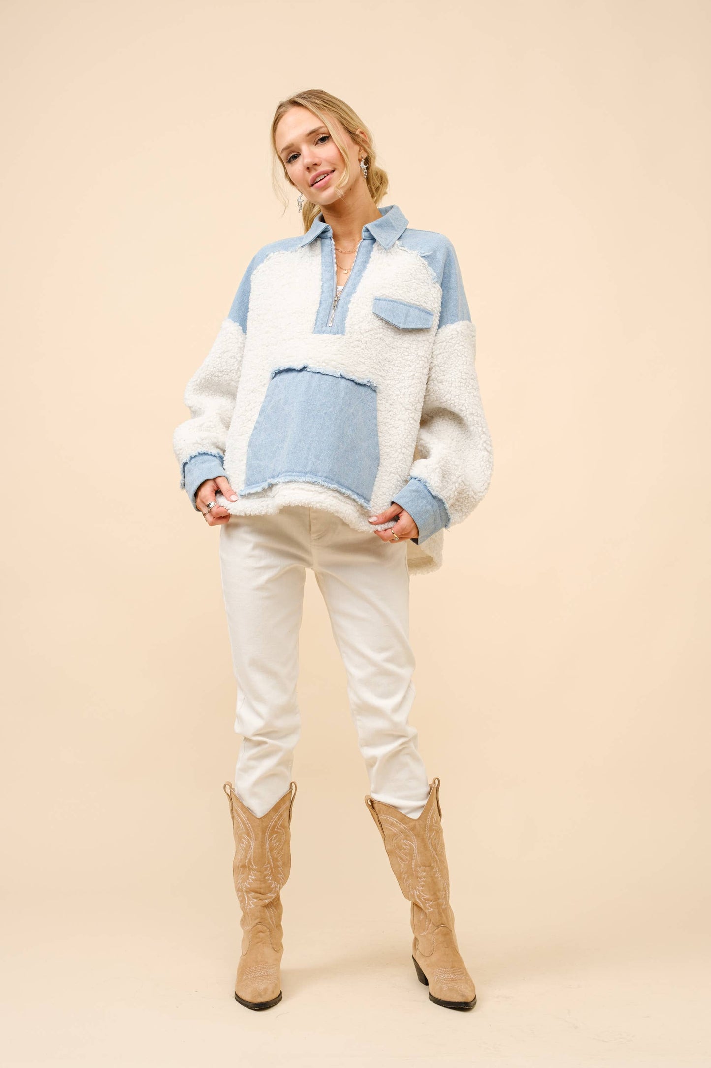 Teddy Denim Mix Media Zip Up Pullover