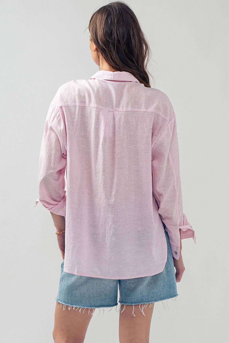 Lightweight Pinstripe Button Down in Cotton Linen Blend