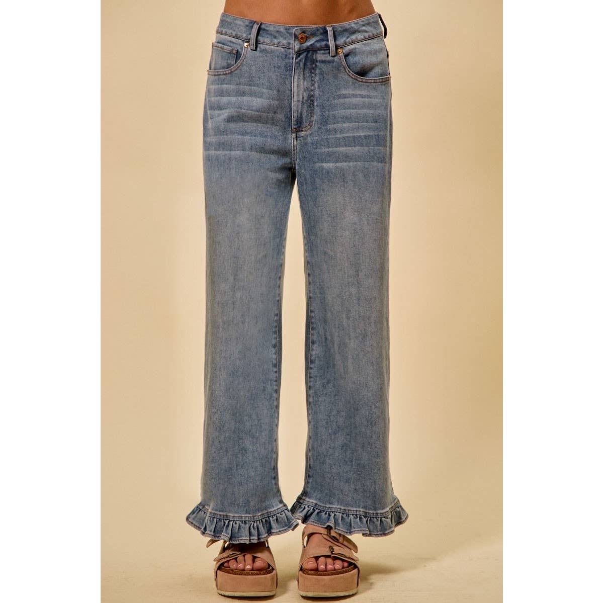 Ruffled Bottom Detail Mid Rise Denim Jeans Pants
