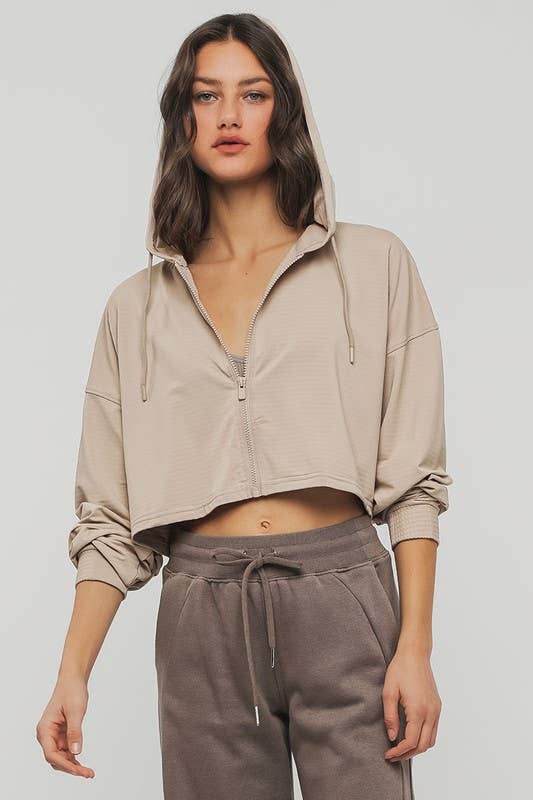 Cropped Zip Up Drawstring Hooded Workout Jacket