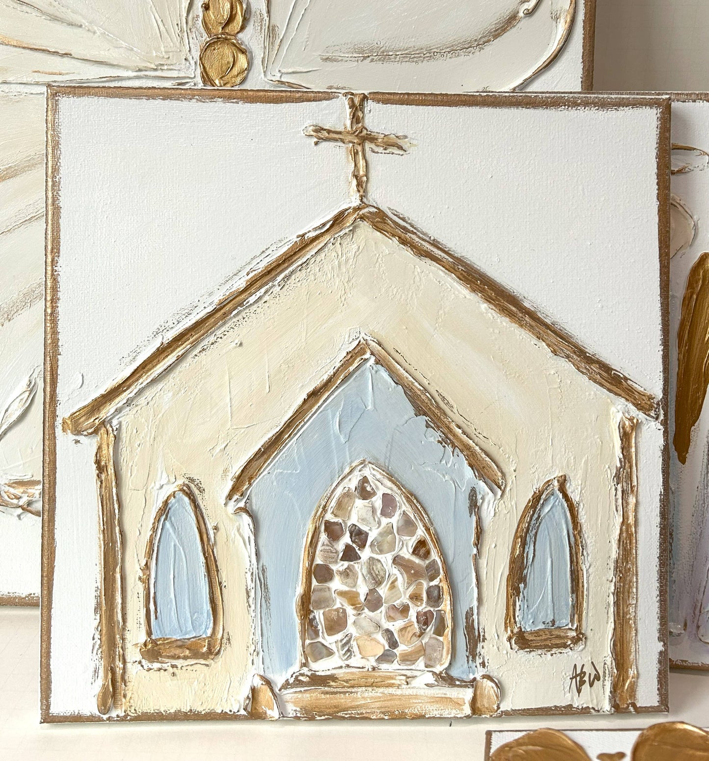 Church w/ oyster shell door on canvas textured