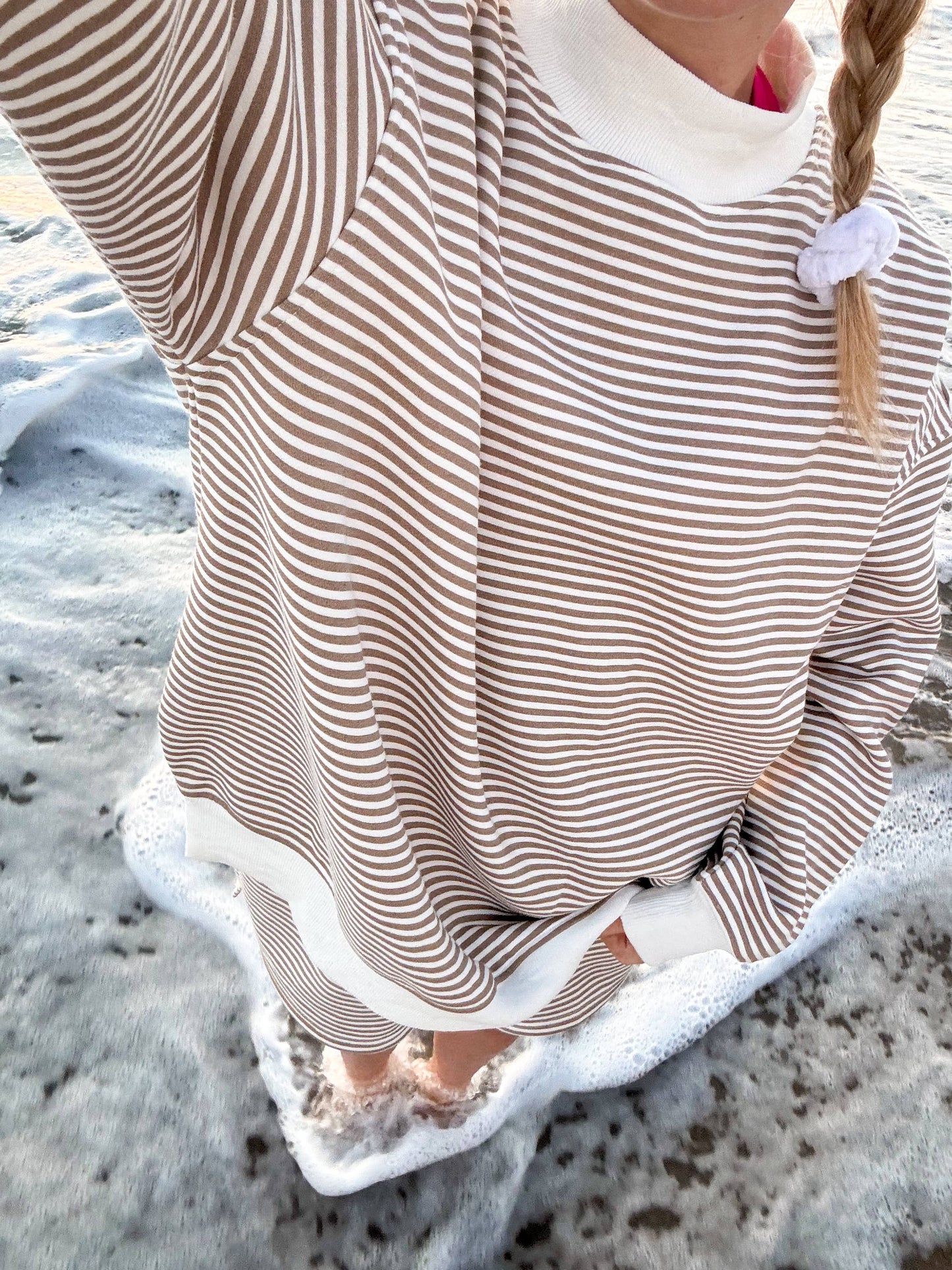 Brown and White Striped Mockneck Sweatshirt