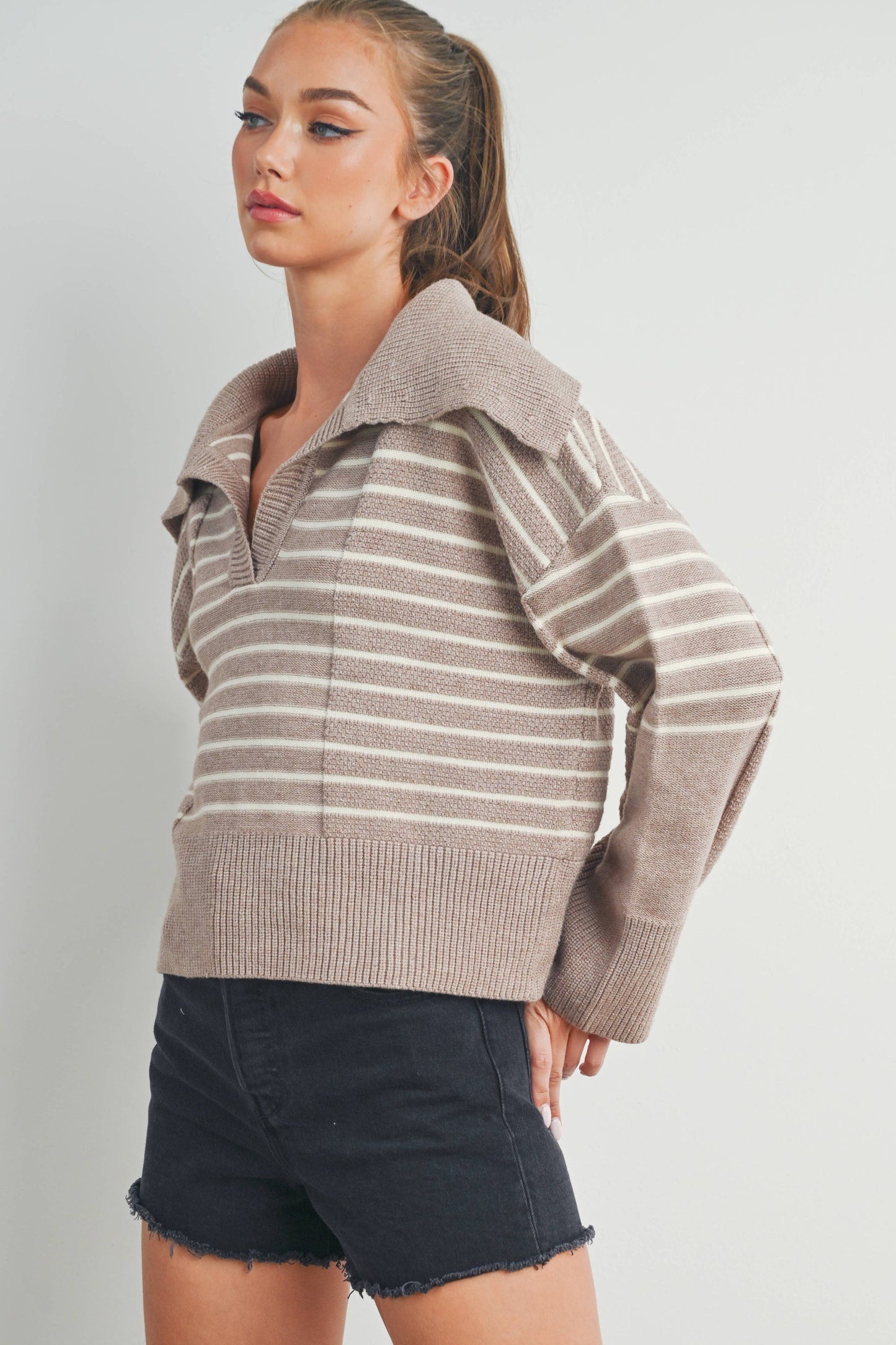 TEXTURED STRIPED V-NECK BIG COLLAR LS SWEATER - BMW7247