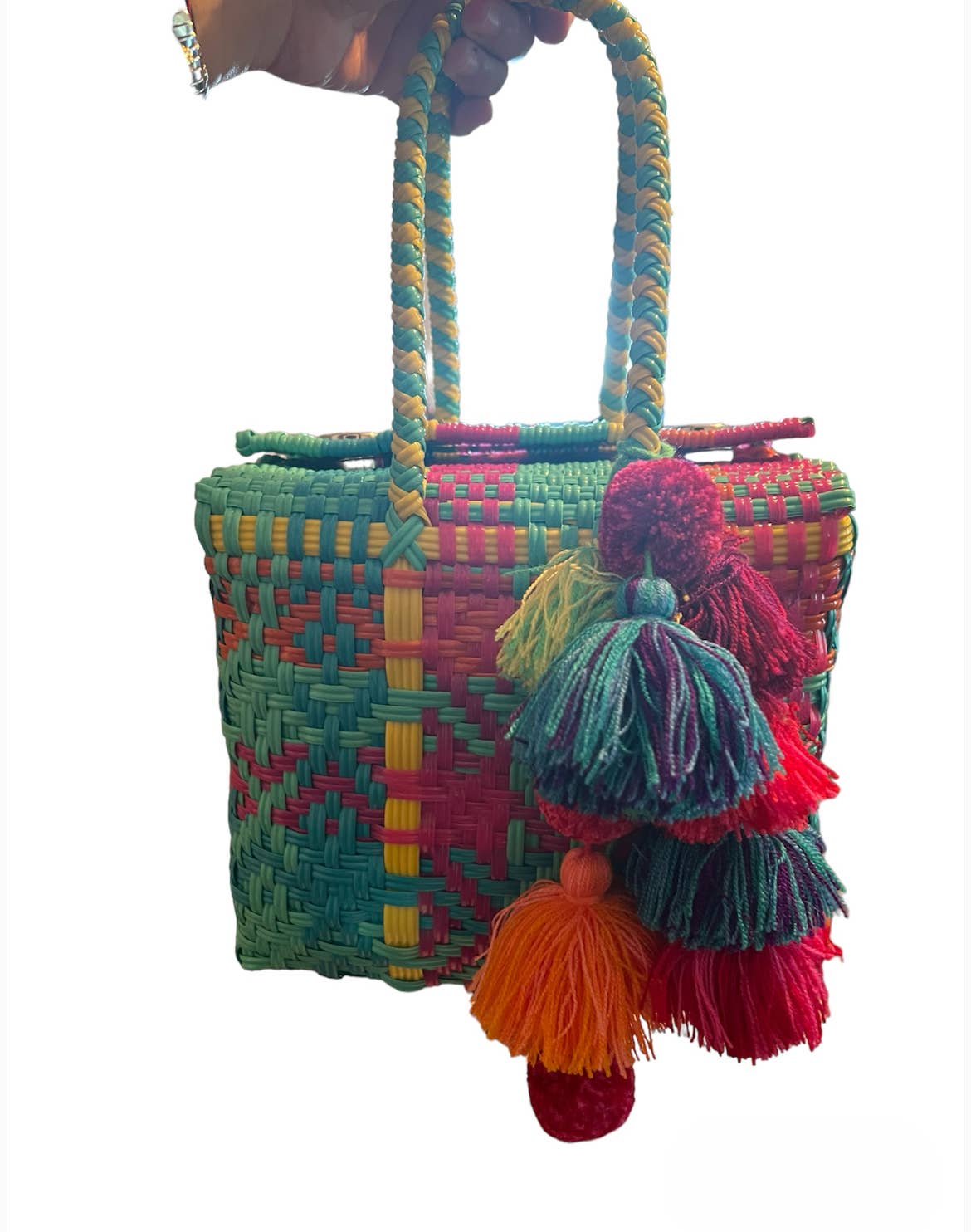 Fuchsia & Turq. Handwoven recycled plastic beach Bags