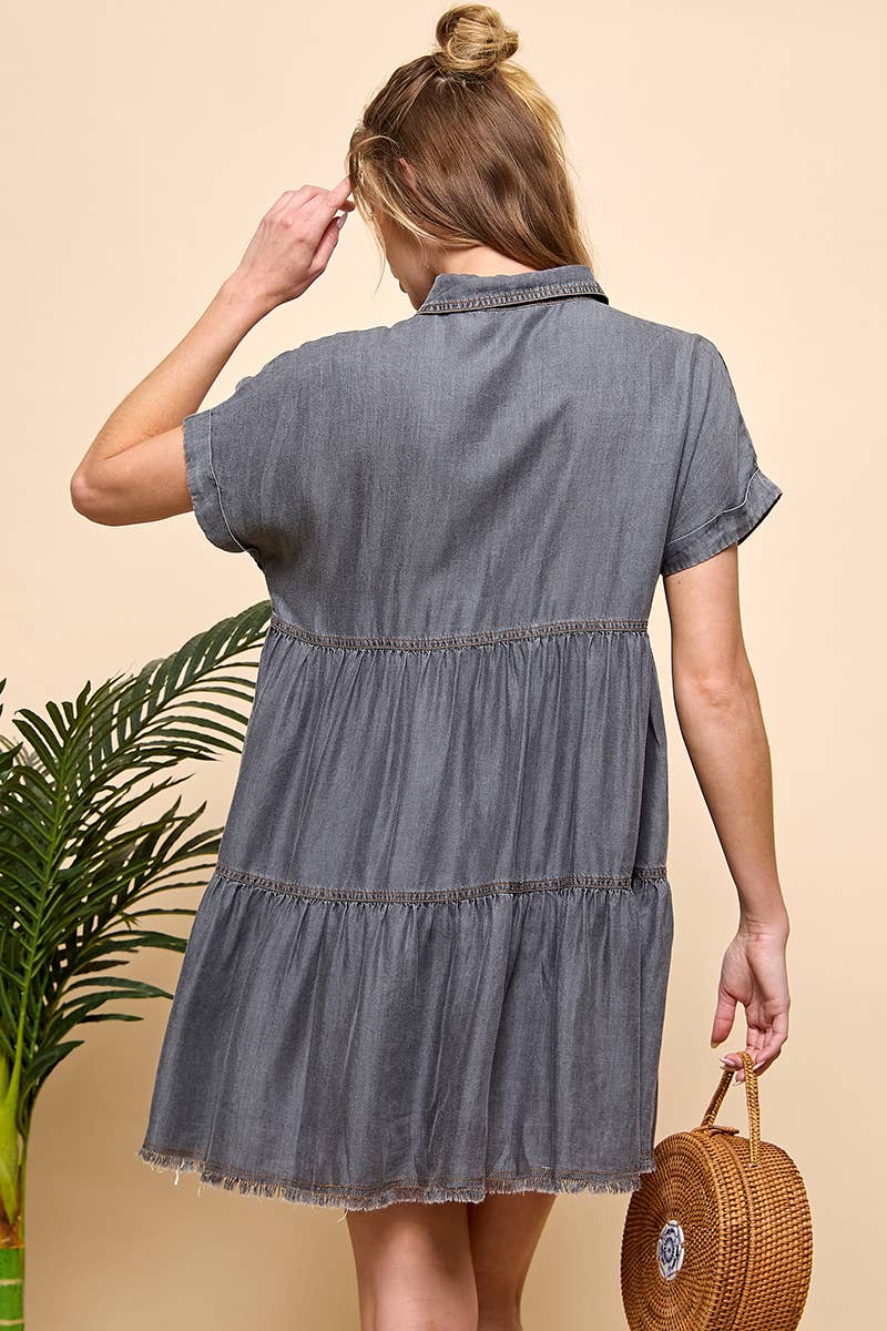 TIERED BUTTON DOWN DENIM DRESS