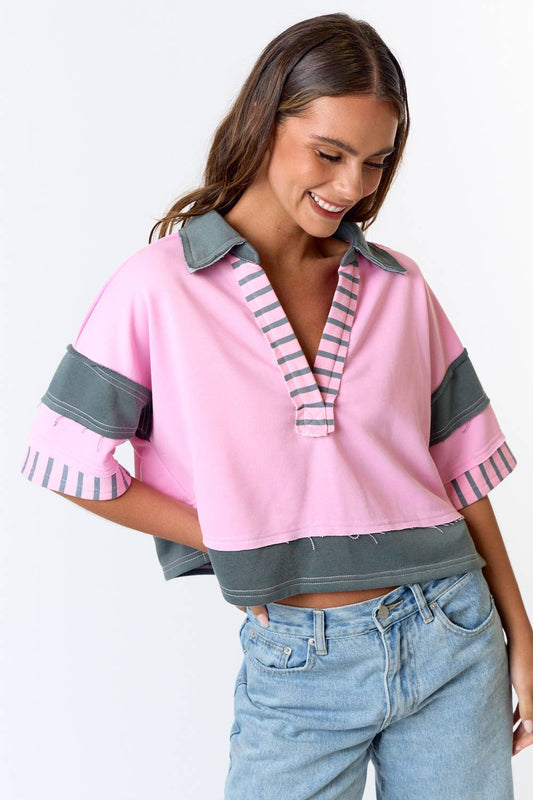 STRIPE MIX FRENCH TERRY CROP POLO SHIRT TOP