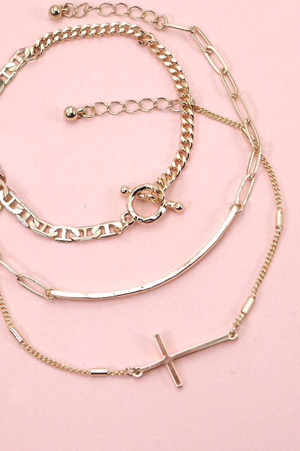 TRIO Bracelet Set - BAR CROSS & ROPE CHAIN