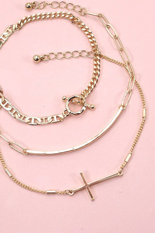 TRIO Bracelet Set - BAR CROSS & ROPE CHAIN